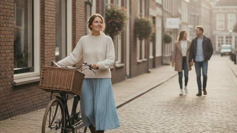 Herstelde vrouw met fiets in de historische binnenstad na een letselschade advocaat Haarlem traject