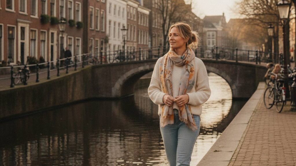 Herstelde vrouw wandelt ontspannen langs een gracht na hulp van een letselschade advocaat Leiden