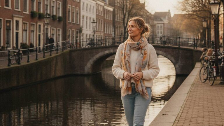Herstelde vrouw wandelt ontspannen langs een gracht na hulp van een letselschade advocaat Leiden