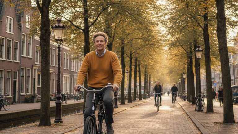 Herstelde man fietst ontspannen door de stad na hulp van een letselschade advocaat Utrecht