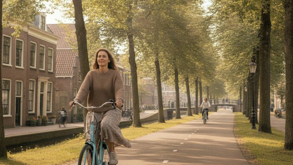 Herstelde vrouw fietst ontspannen door de stad na hulp van een letselschade advocaat Zoetermeer