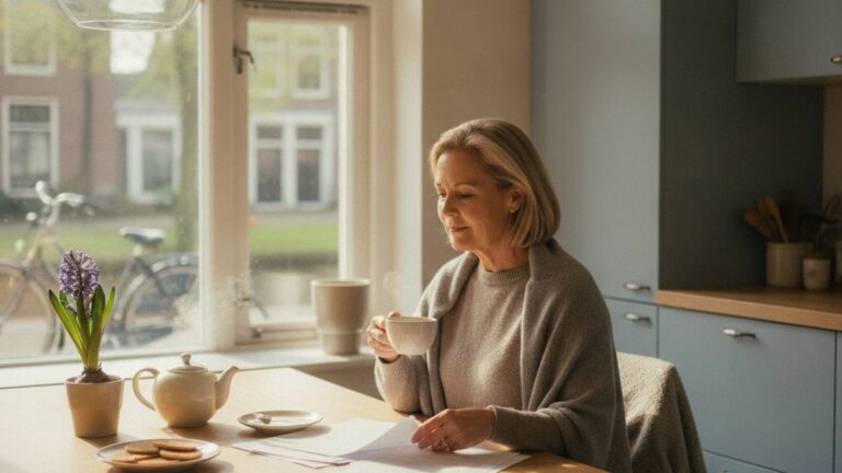 Vrouw bekijkt rustig haar administratie en denkt na over de belasting op haar letselschade uitkering