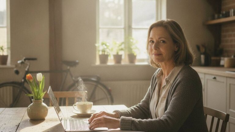 Vrouw die thuis rustig haar medisch dossier opvraagt en bekijkt na een letselschadezaak