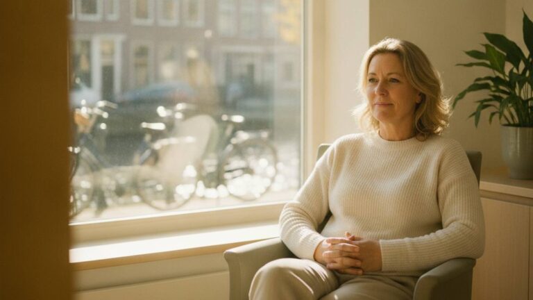 Hersteld slachtoffer van medische fout letselschade zit ontspannen bij het raam