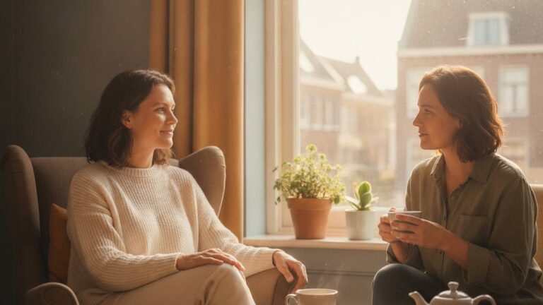 Vrouw met psychisch letsel na ongeval in rustig herstelgesprek thuis