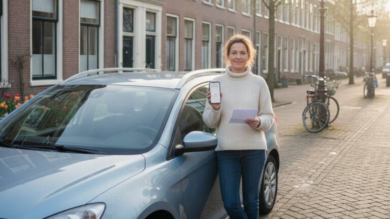 Vrouw die rustig het schadeformulier invullen na ongeval voorbereidt naast haar auto