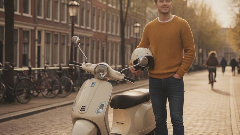 Herstelde scooterrijder met helm naast zijn scooter na letselschade door een scooterongeval