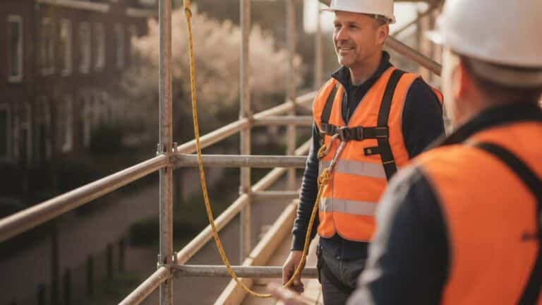 Herstelde bouwvakker met veiligheidsharnas op een beveiligde steiger na val van hoogte letselschade