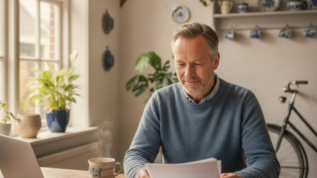 Man bekijkt thuis opgelucht papieren over zijn voorschot letselschade aan de keukentafel
